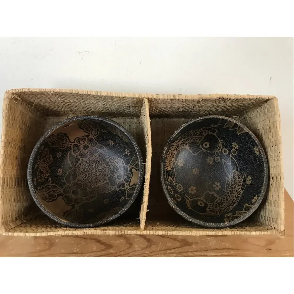 Set Pair 2 Wooden Carved Painted Koi Miso Bowls Woven Wooden Basket Indonesia